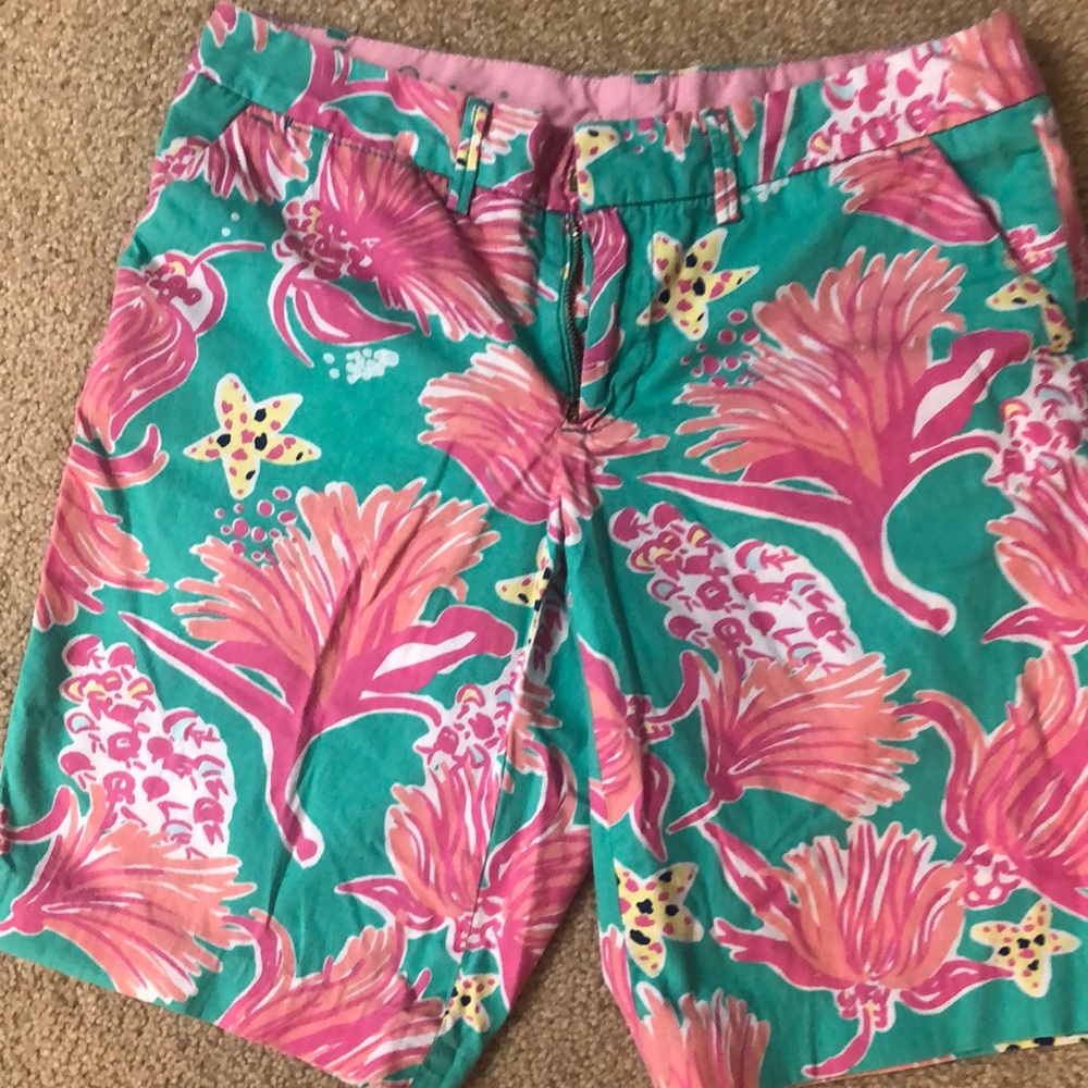 Lilly Pulitzer Teal Shorts with Pink and Yellow Floral Print